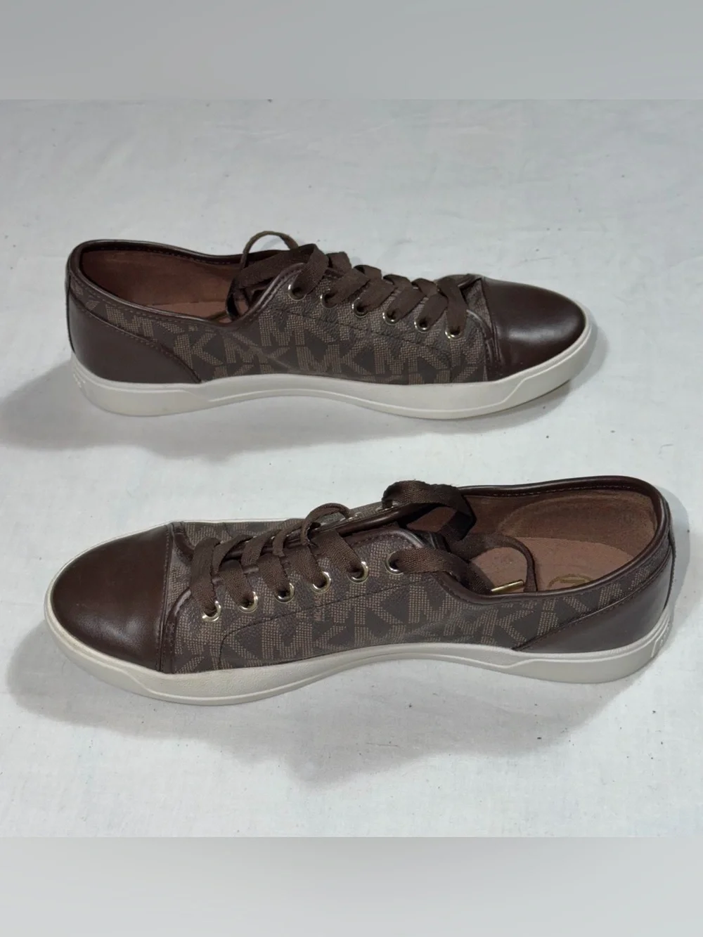 Michael Kors City MK Monogram Sneakers Women 9.5M Brown Leather Lace Up